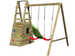 Huśtawka podwójna ze ślizgiem, ścianką wspinaczkową i domkiem